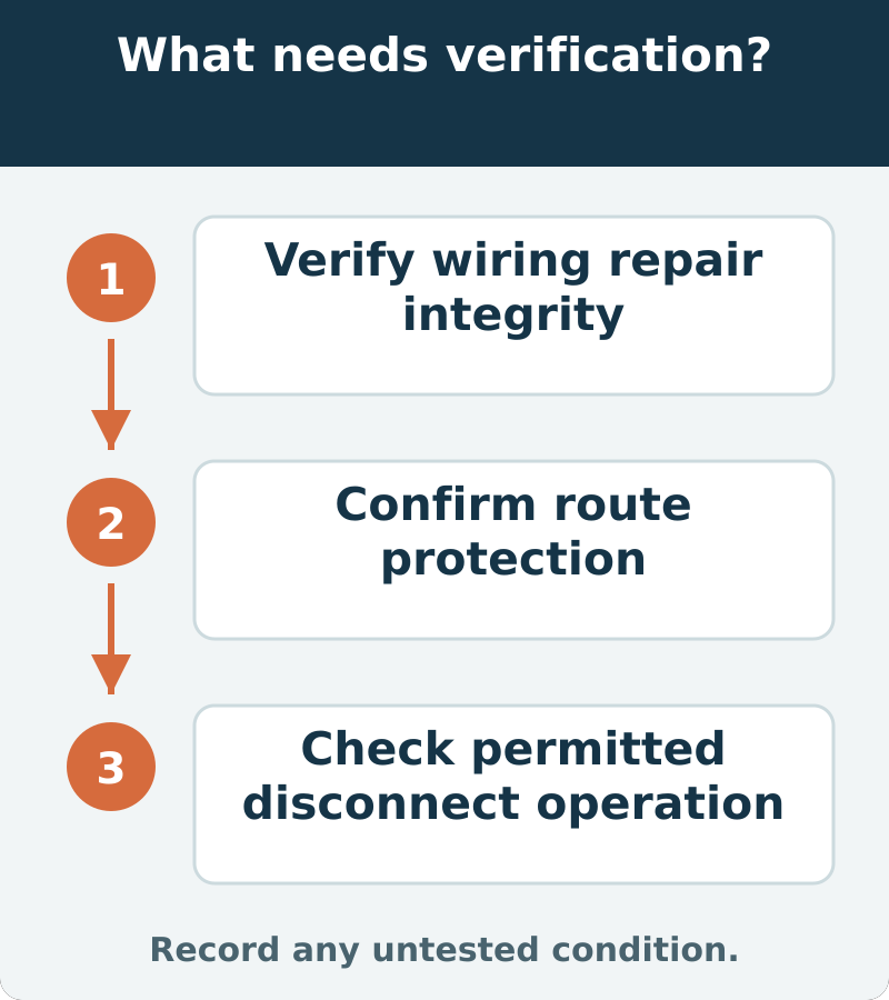 Suggested verification: Verify wiring repair integrity; Confirm route protection; Check permitted disconnect operation. Record any untested condition