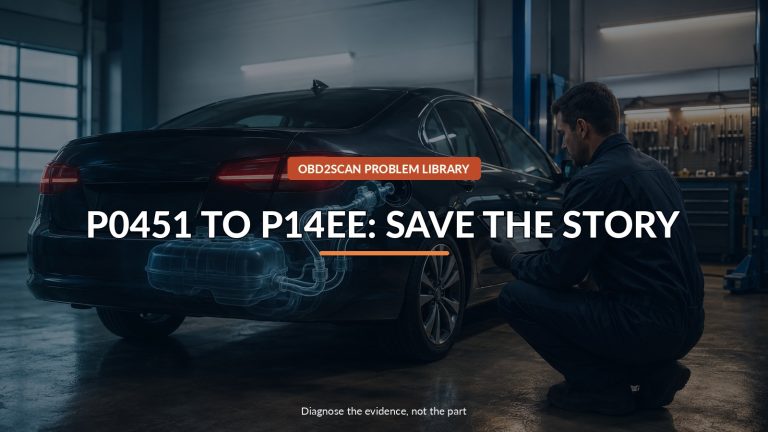 P0451 To P14Ee: Save The Story — conceptual diagnostic scene