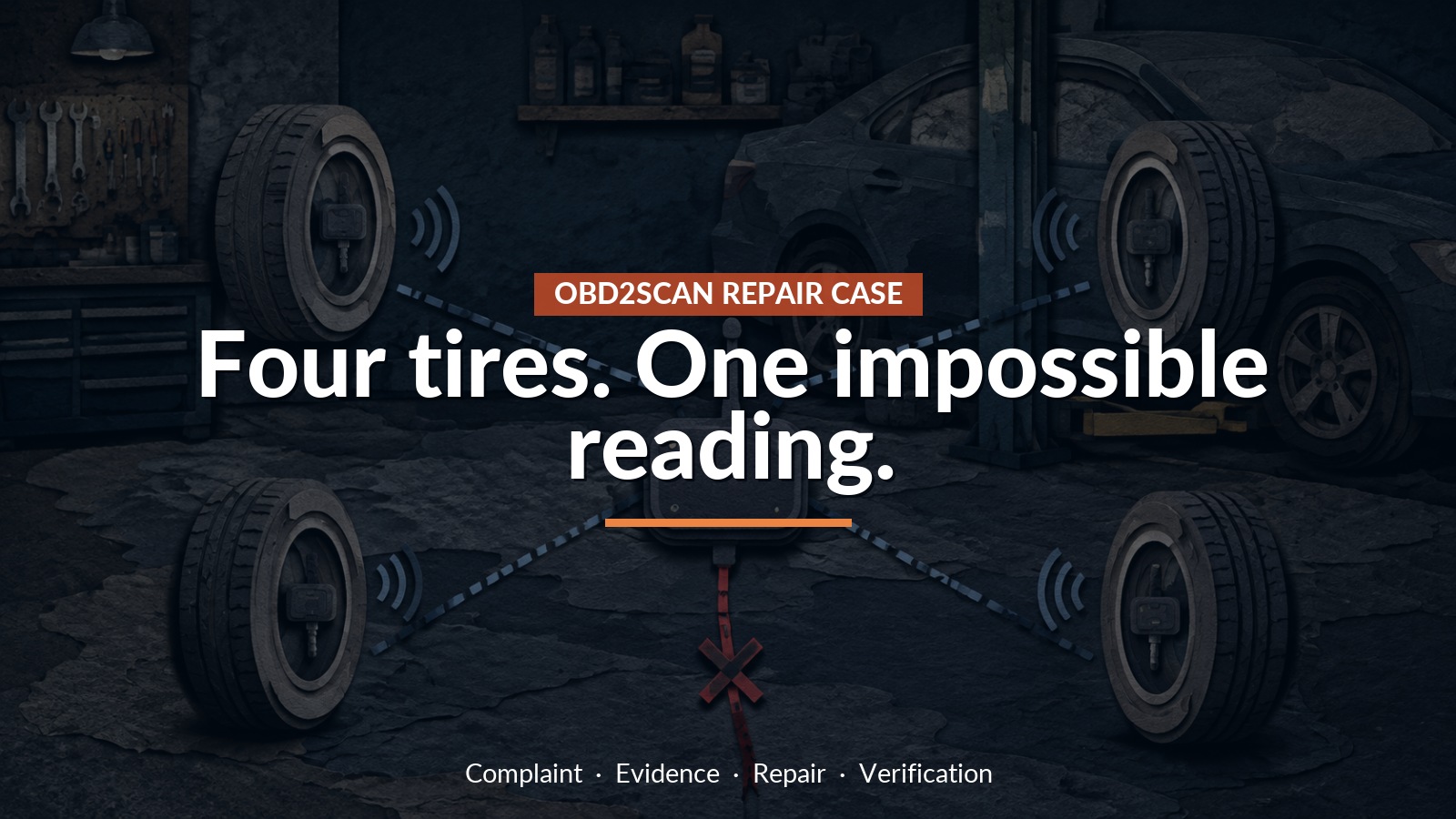 Conceptual editorial illustration: Four tires. One impossible reading.