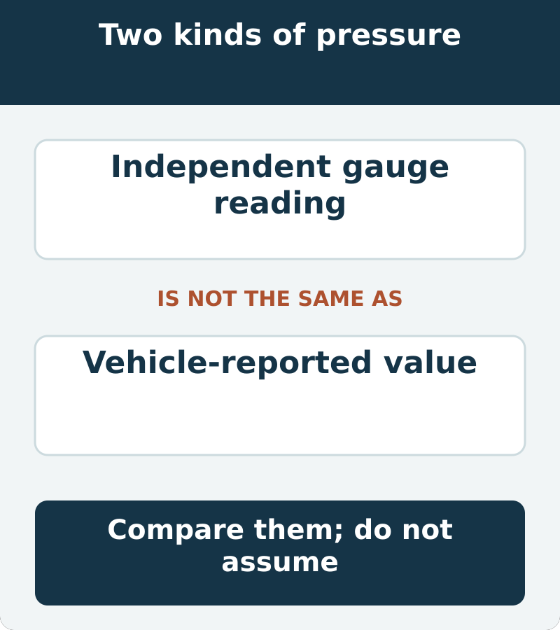 Independent gauge reading is not the same as vehicle-reported value. Compare them; do not assume.