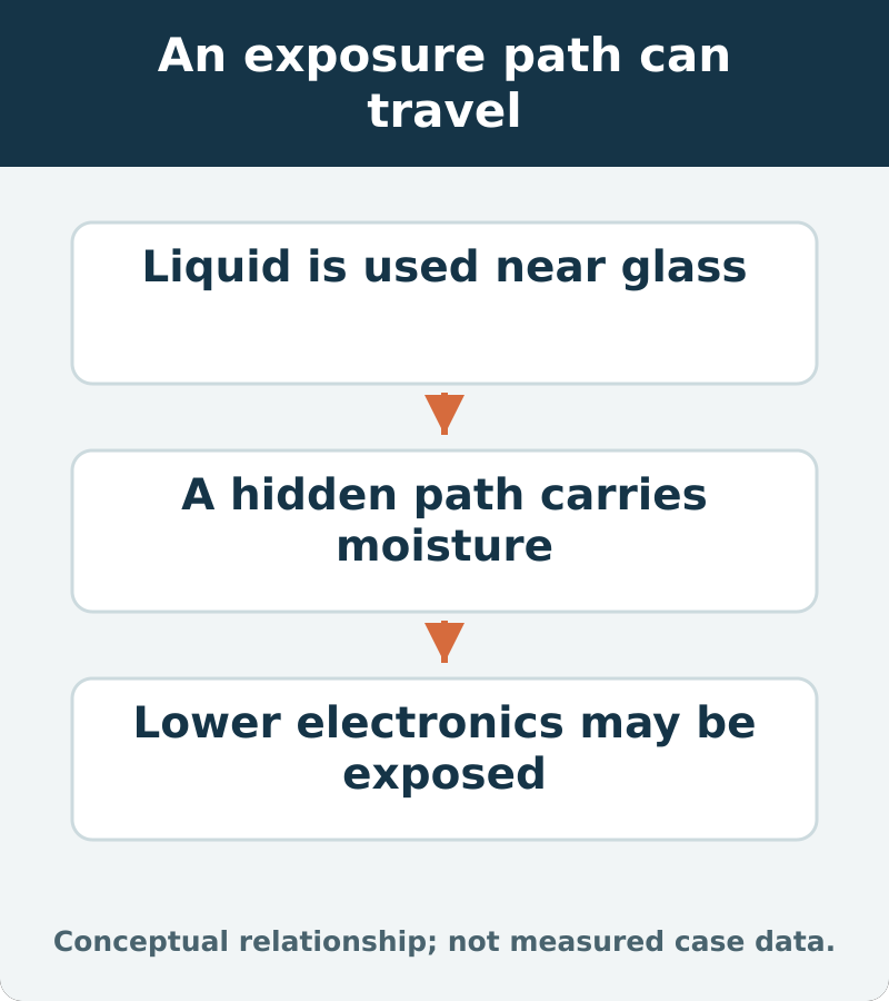 An exposure path can travel: Liquid is used near glass; A hidden path carries moisture; Lower electronics may be exposed