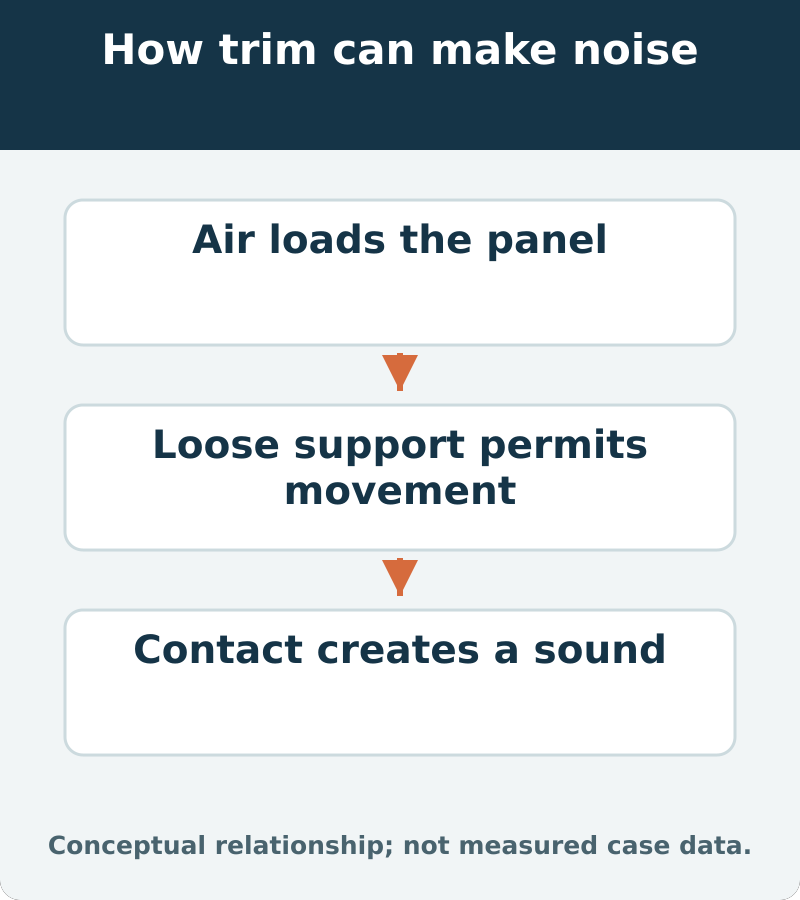 How trim can make noise: Air loads the panel; Loose support permits movement; Contact creates a sound