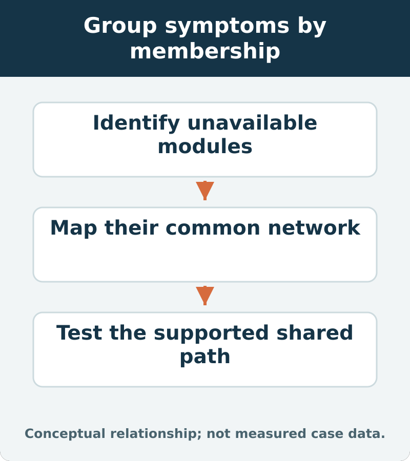 Group symptoms by membership: Identify unavailable modules; Map their common network; Test the supported shared path