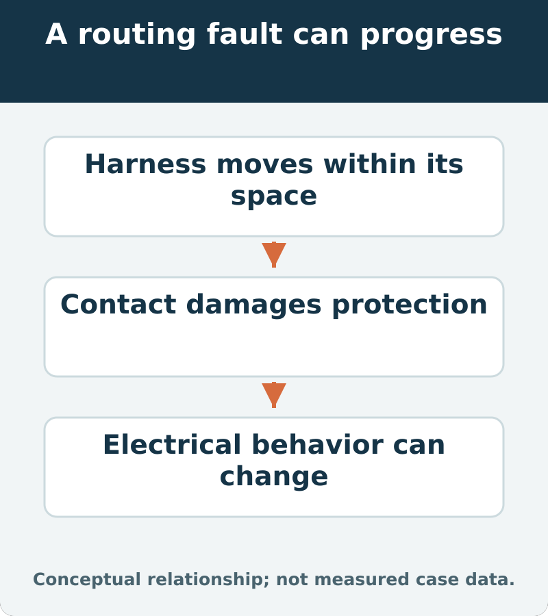 A routing fault can progress: Harness moves within its space; Contact damages protection; Electrical behavior can change