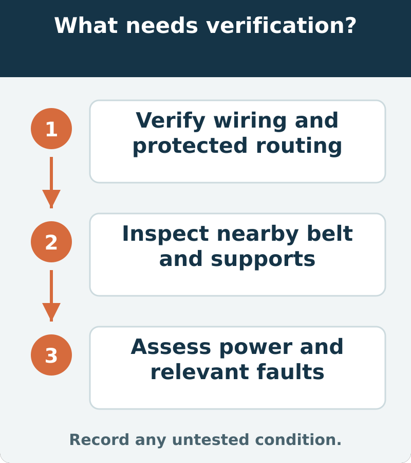 Suggested verification: Verify wiring and protected routing; Inspect nearby belt and supports; Assess power and relevant faults. Record any untested condition