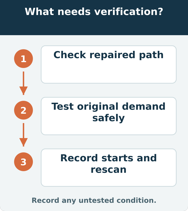 Suggested verification: Check repaired path; Test original demand safely; Record starts and rescan. Record any untested condition.