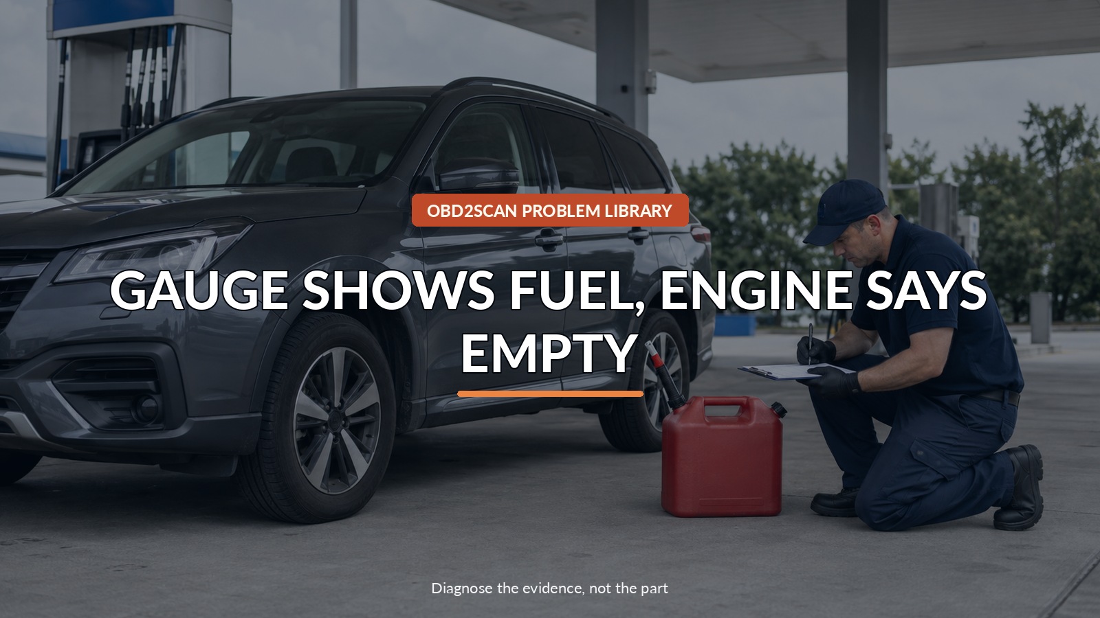 Gauge Shows Fuel, Engine Says Empty — conceptual diagnostic scene