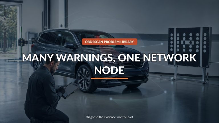 Many Warnings, One Network Node — conceptual diagnostic scene