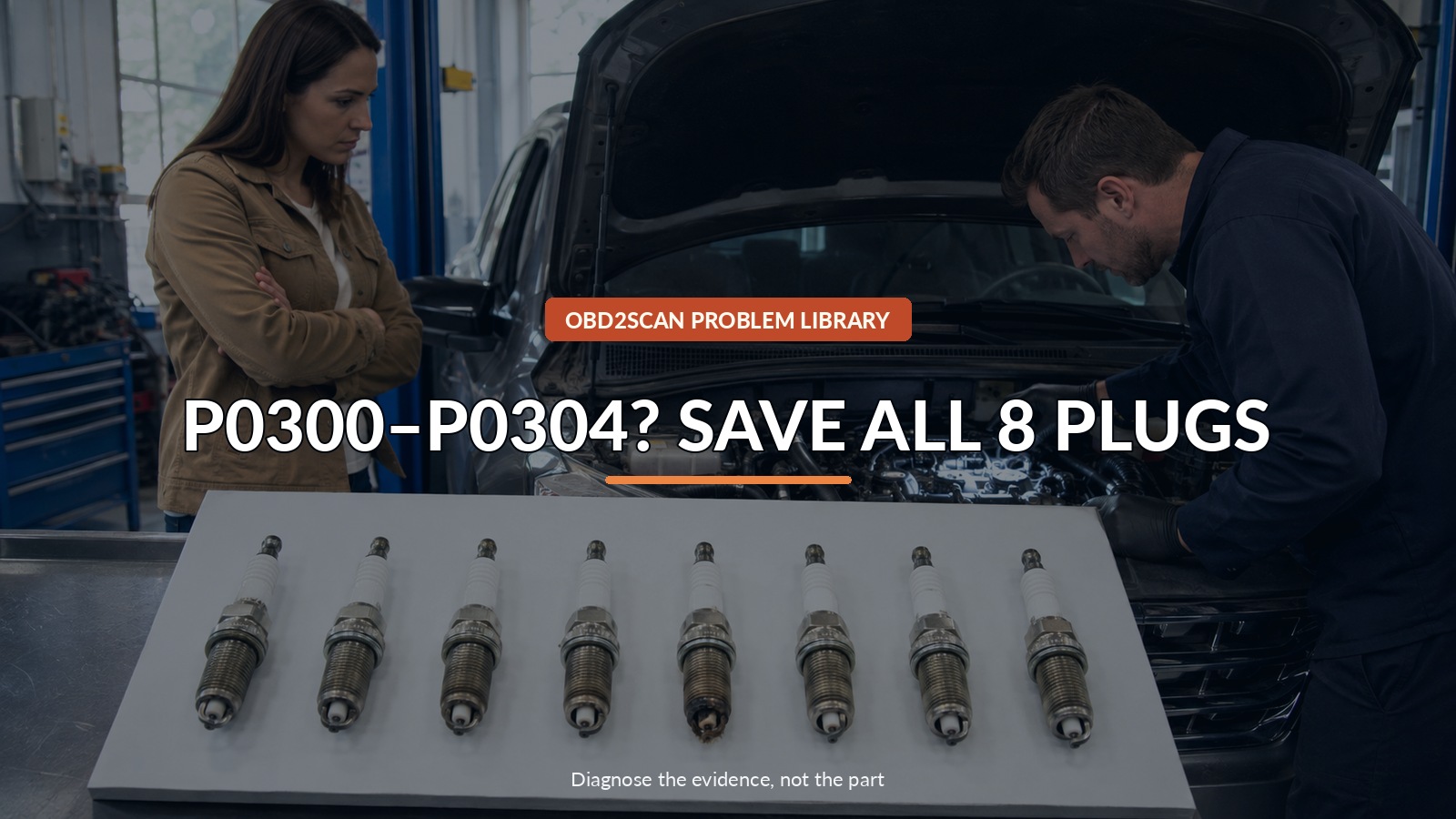P0300–P0304? Save All 8 Plugs — conceptual diagnostic scene