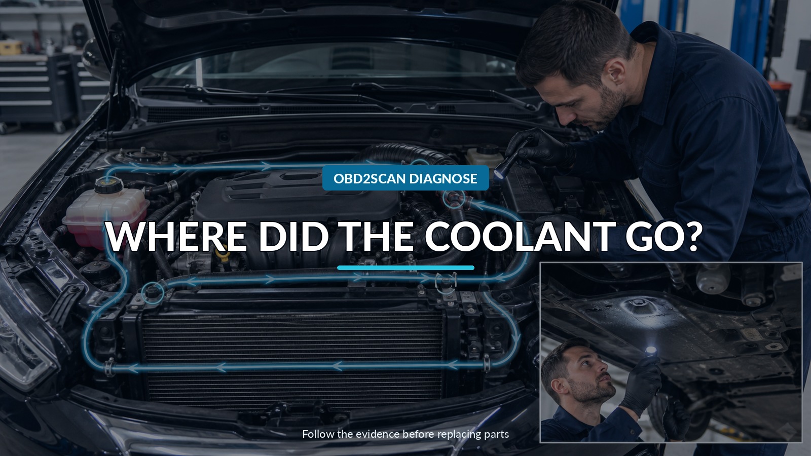 Where Did The Coolant Go? — conceptual diagnostic scene