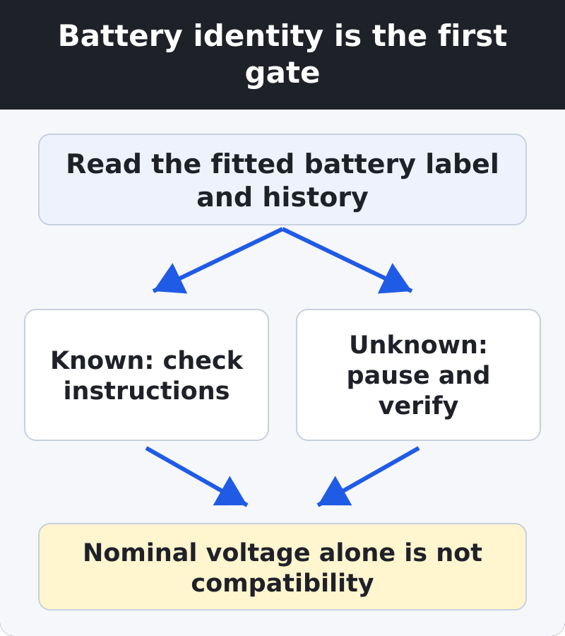 A battery identity check branches between a known matching identity that allows further instruction review and an unknown identity that stops mode selection.