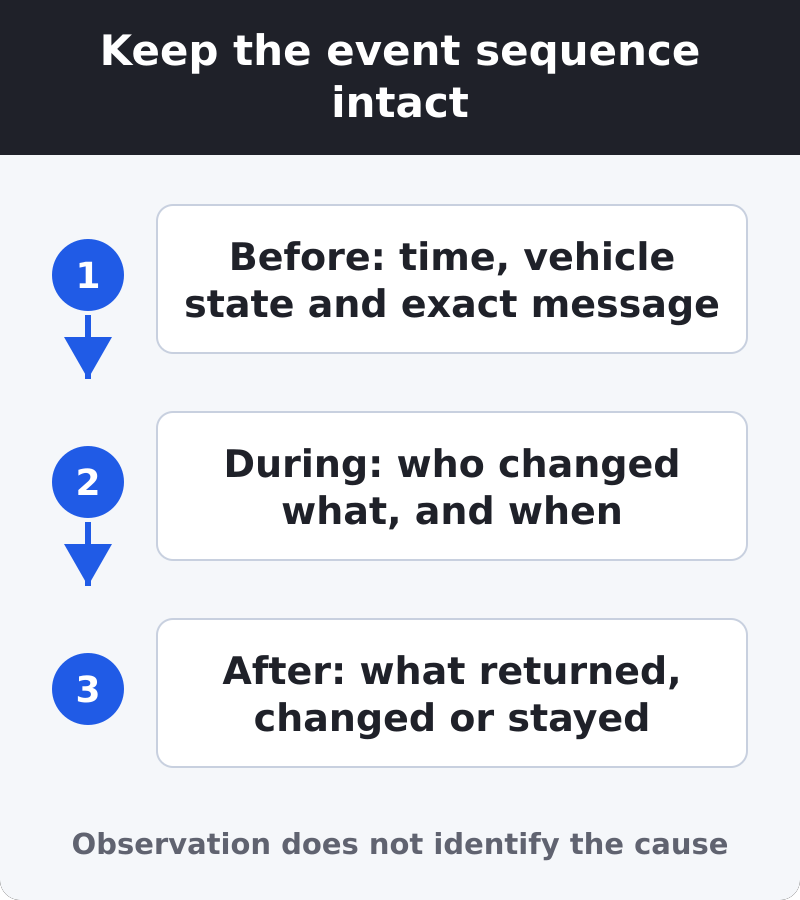 Three linked stages record the time and vehicle state before support, the intervention during support, and the outcome afterward.