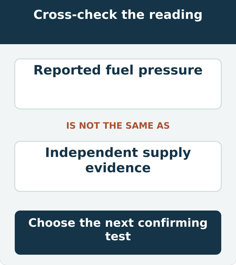 Reported fuel pressure is not the same as independent supply evidence. Choose the next confirming test.