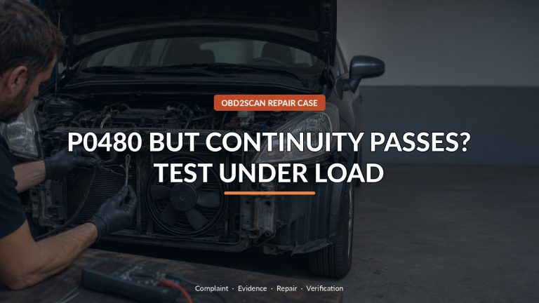 P0480 But Continuity Passes? Test Under Load — conceptual diagnostic scene