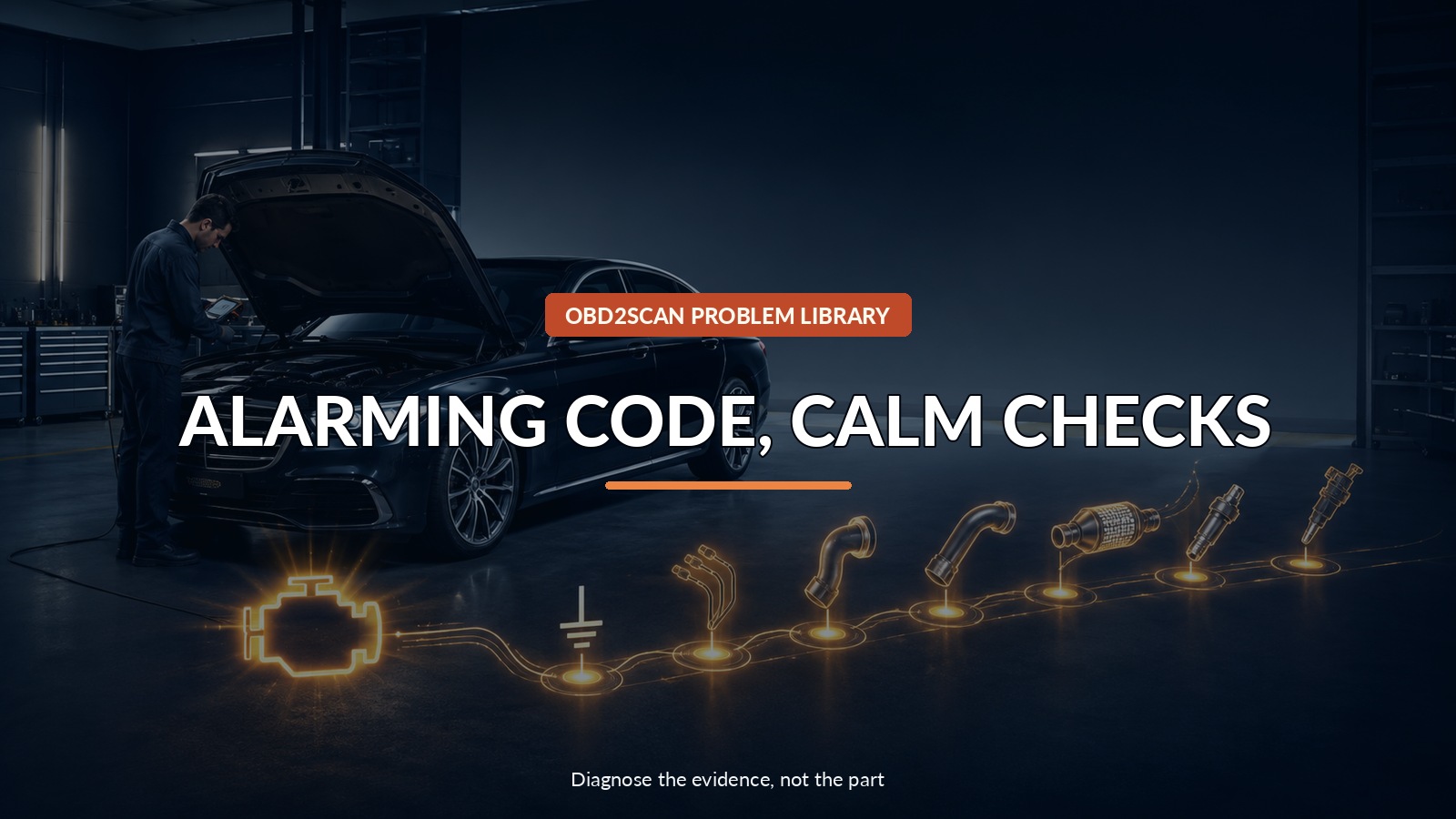 Alarming Code, Calm Checks — conceptual diagnostic scene
