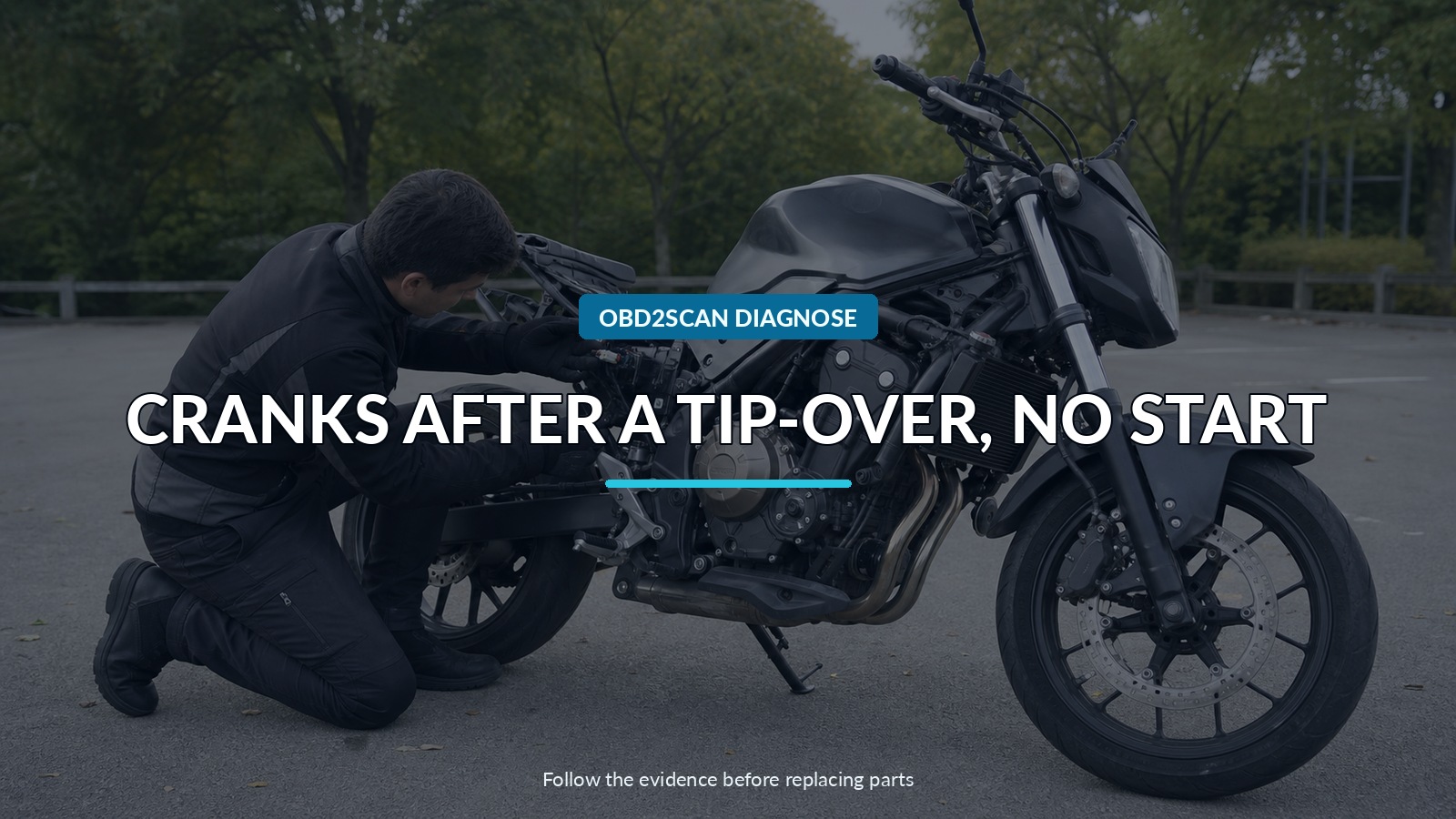 Cranks After A Tip-Over, No Start — conceptual diagnostic scene
