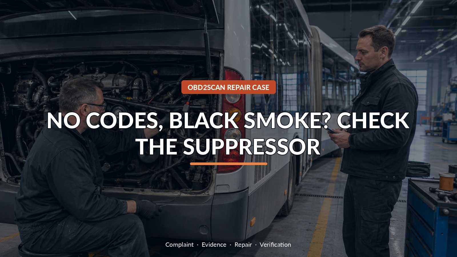 No Codes, Black Smoke? Check The Suppressor — conceptual diagnostic scene
