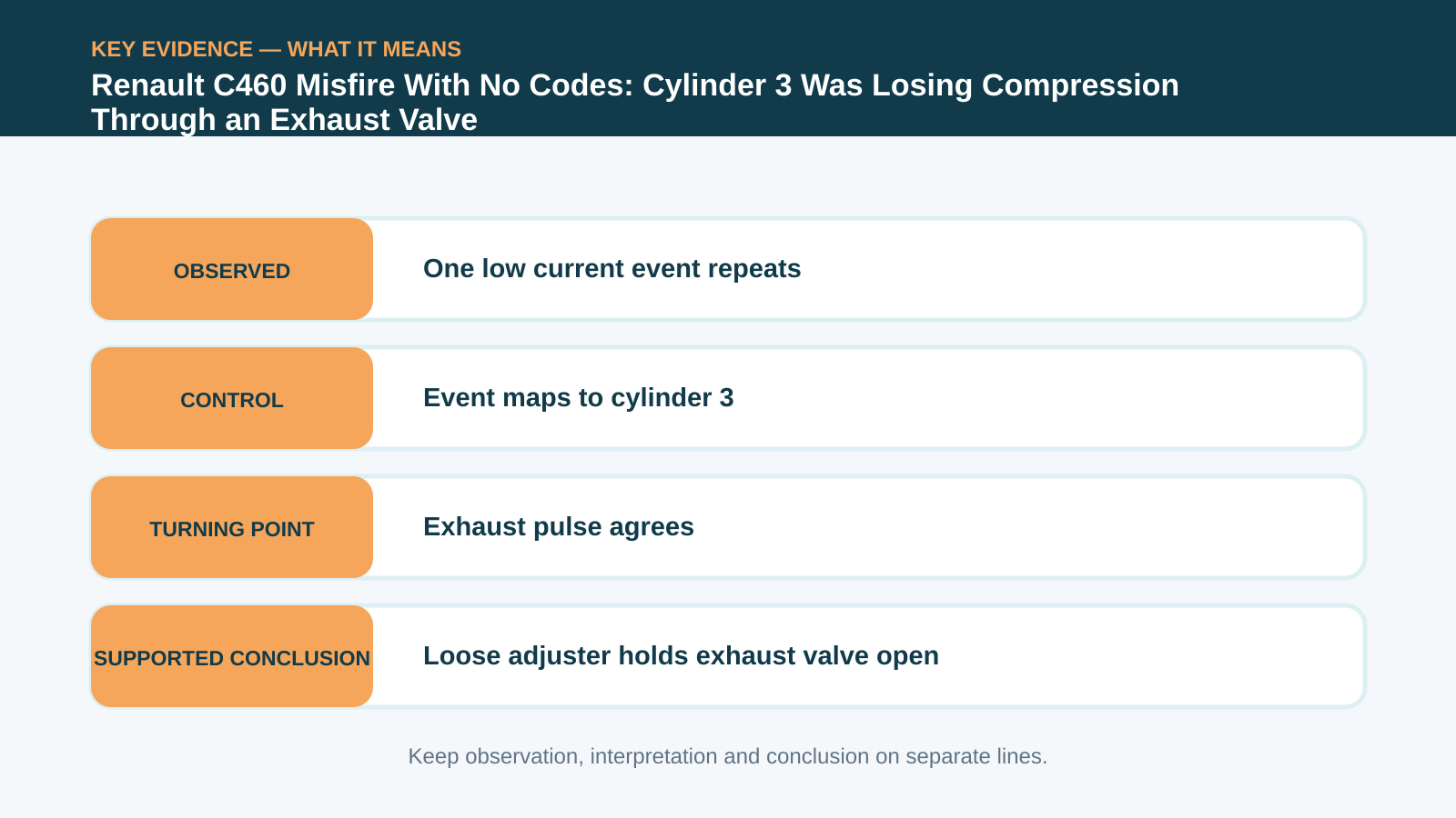 Key evidence interpretation for Renault C460 Misfire With No Codes: Cylinder 3 Was Losing Compression Through an Exhaust Valve