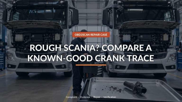 Rough Scania? Compare A Known-Good Crank Trace — conceptual diagnostic scene