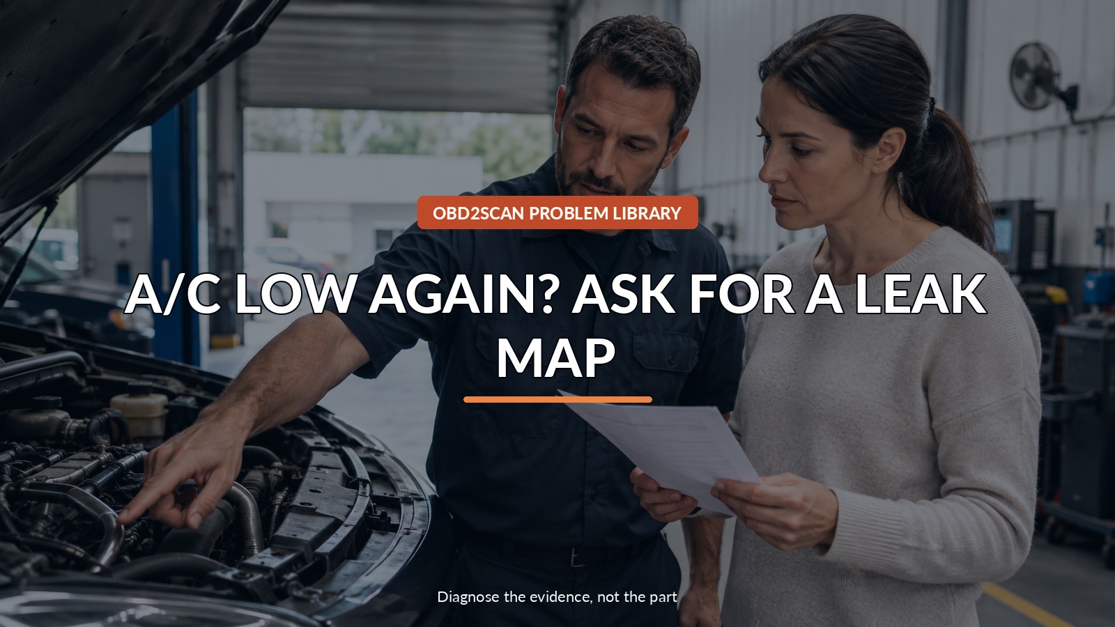 A/C Low Again? Ask For A Leak Map — conceptual diagnostic scene