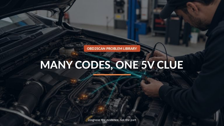 Many Codes, One 5V Clue — conceptual diagnostic scene