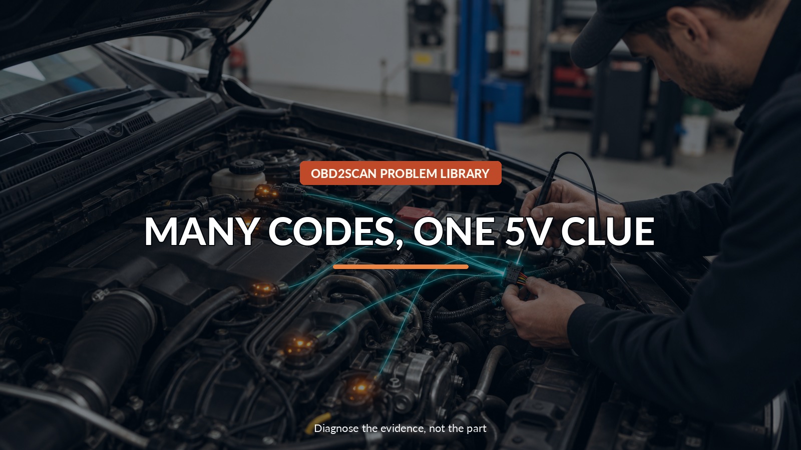 Many Codes, One 5V Clue — conceptual diagnostic scene