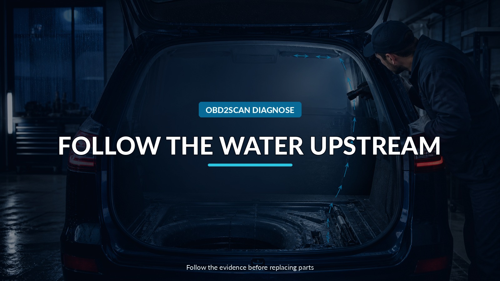 Follow The Water Upstream — conceptual diagnostic scene